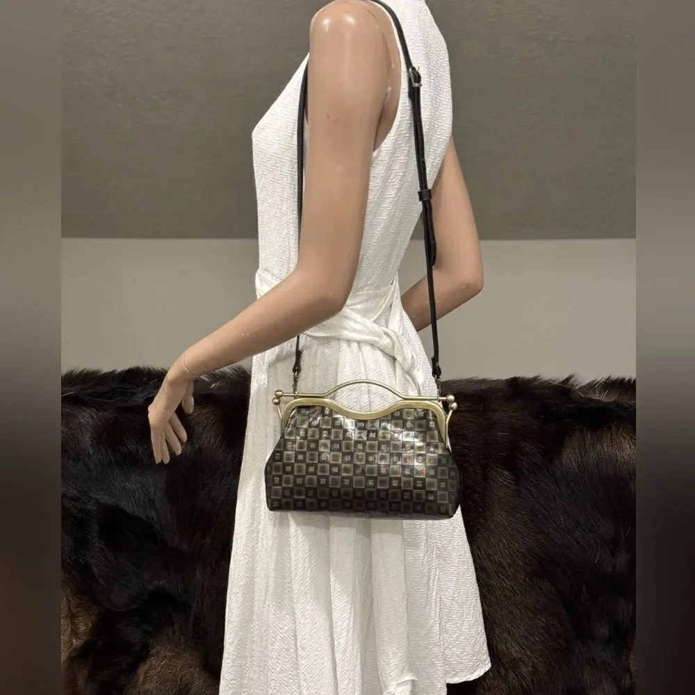 Vintage Pattern Genuine Calfskin Handmade Double Kisslock Purse/Multi Use Style